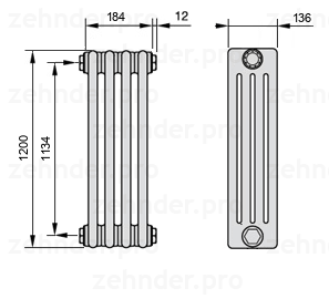 Схема (чертеж) Радиатор Zehnder Charleston 4120/4 №1270 Белый глянцевый RAL 9016